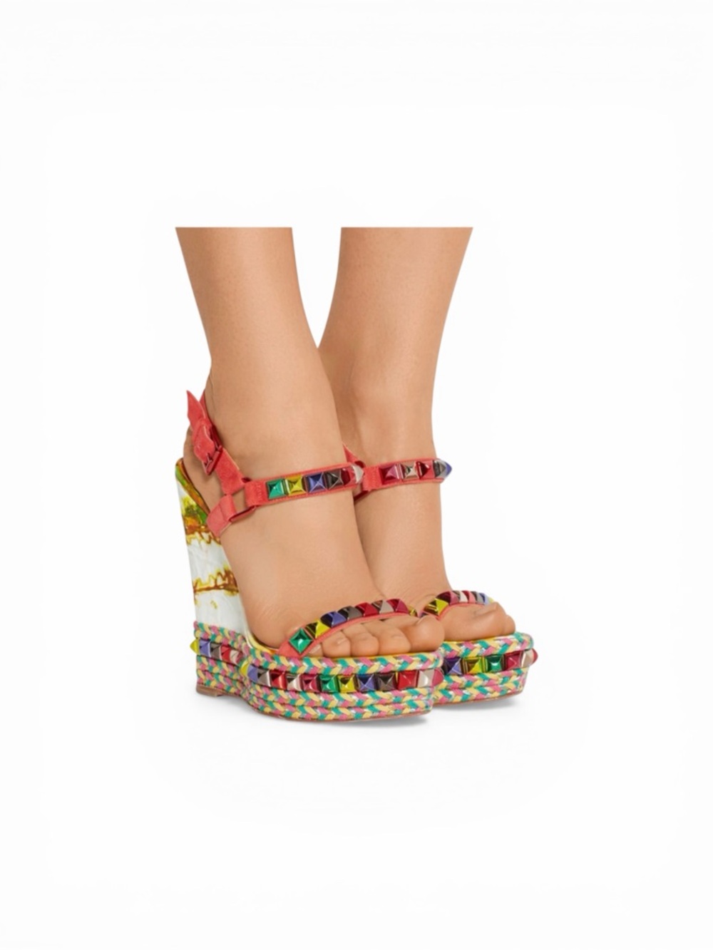 Christian Louboutin Red Multicolor Platform Espadrille Wedges Size 38 - Picture 10 of 10